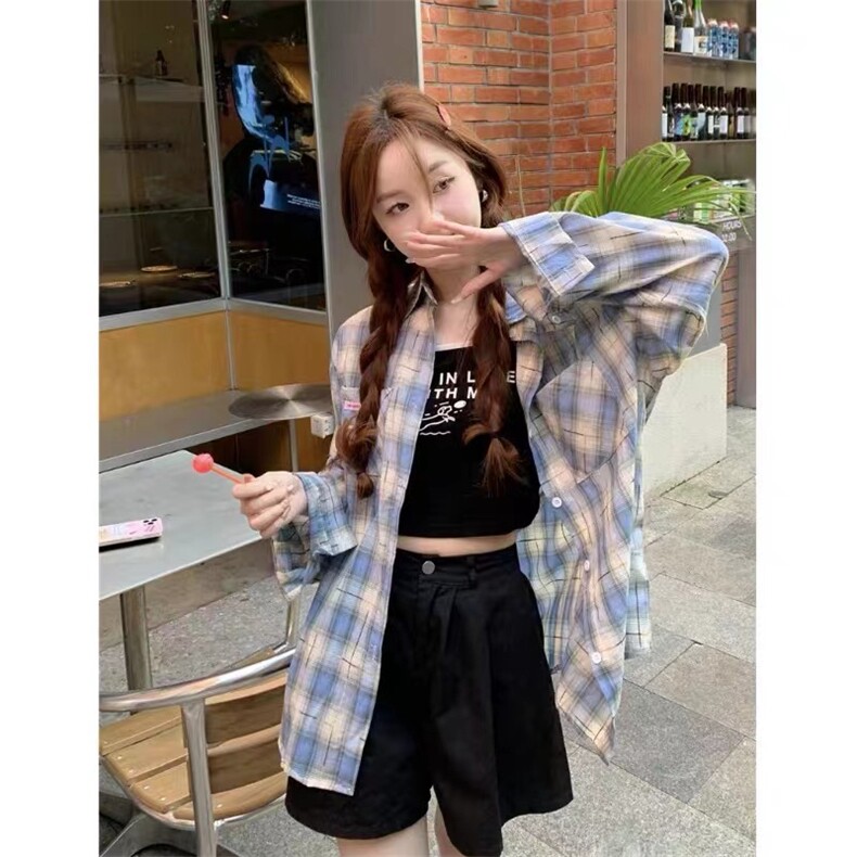 TC761-P45设计感小众宽松长袖防晒格子衬衫女衬衣小个子上衣潮,男装防晒衣,星座617A-2