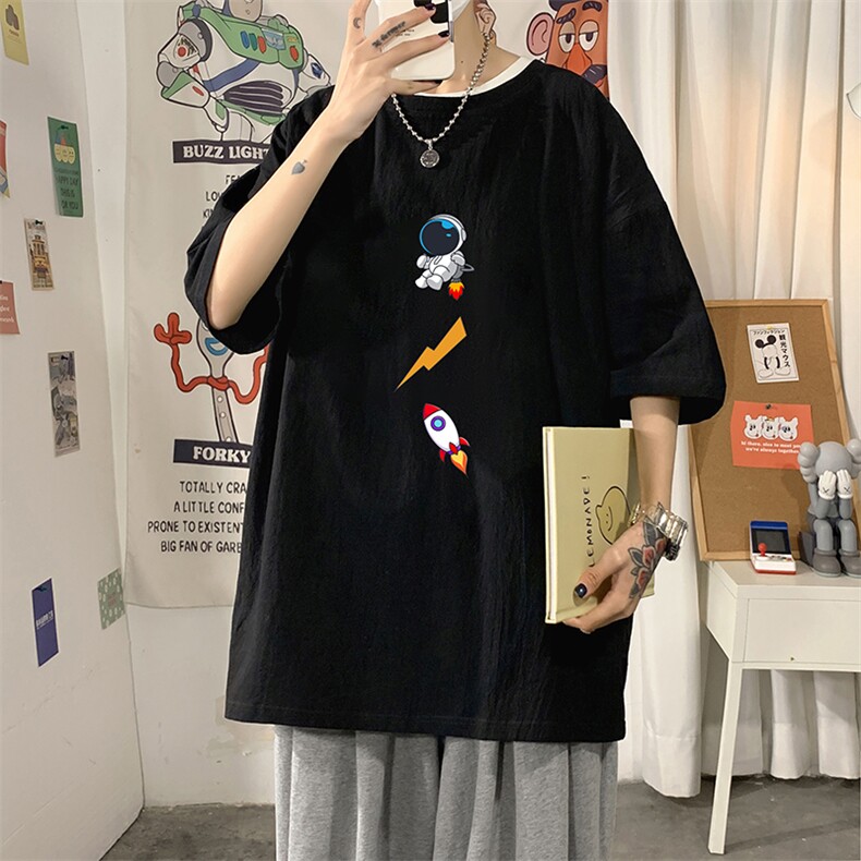 YT26165-P30 亚麻短袖t恤男大码五分袖男宽松七分袖 海报风图片