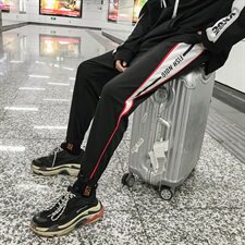 703港风男式休闲运动裤针织拼色印花束脚长裤，男装休闲裤，星座703