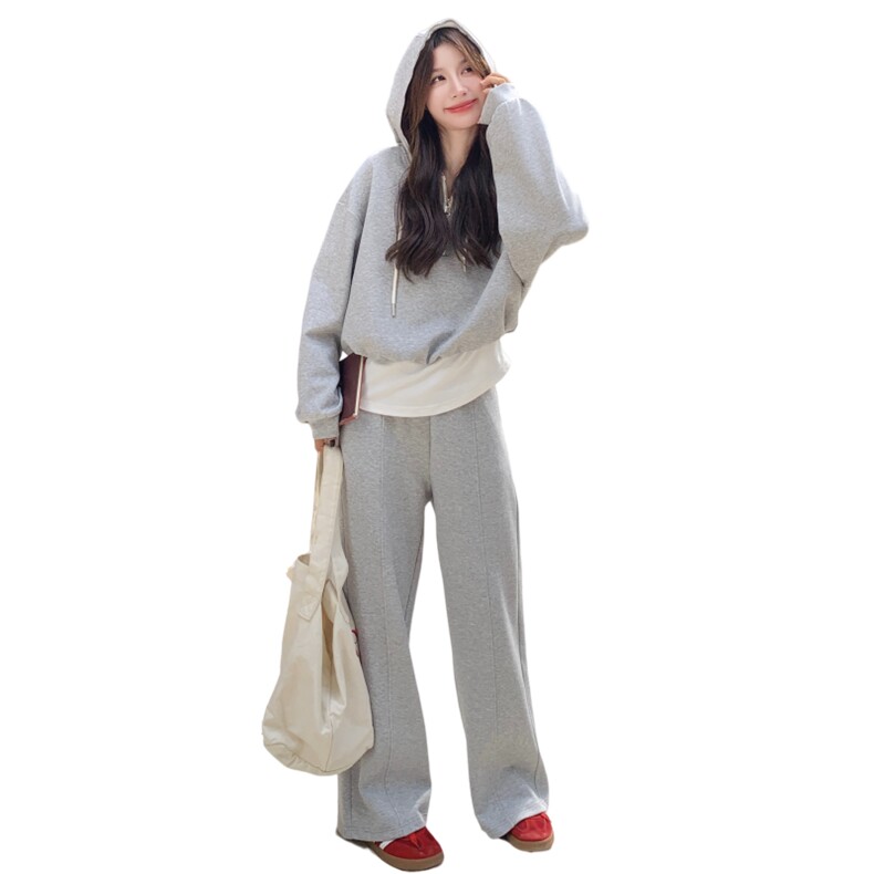 灰色运动套装女2025秋季新款撞色拼接减龄连帽卫衣长裤休闲两件套,女装套装/套裙,2D076