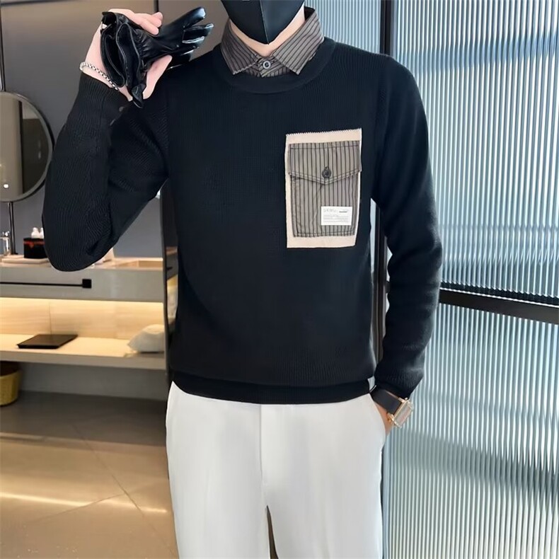 春秋季新款毛衣男修身加厚潮流拼接假两件圆领保暖针织衫男S533,男装针织衫/毛衣,星座1116A-2（原606A-1）