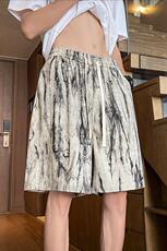 杏色冰丝扎染休闲运动短裤男oversize美式复古沙滩裤四五分裤子夏，男装牛仔裤，电商A018