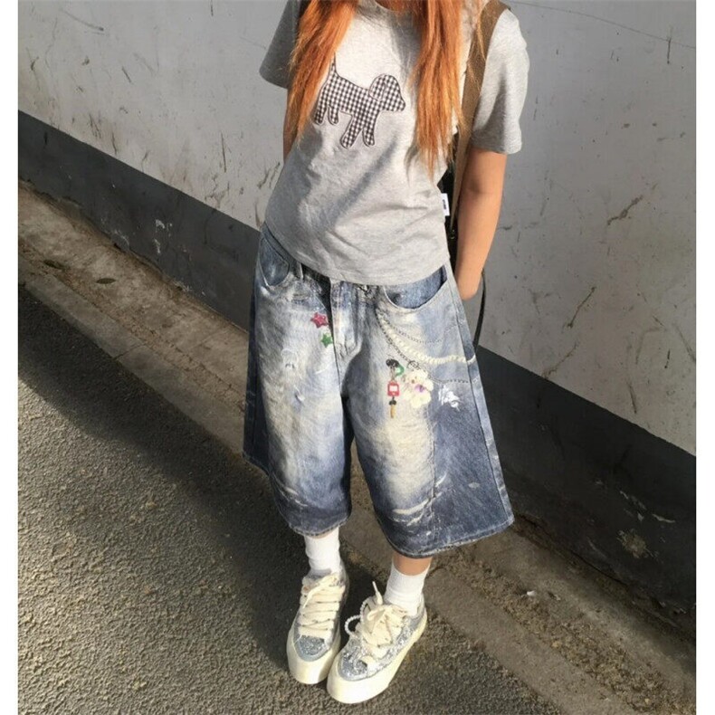 美式复古链子卡通印花牛仔七分裤男女夏季街头设计感宽松五分裤,男装牛仔裤,星座601-1