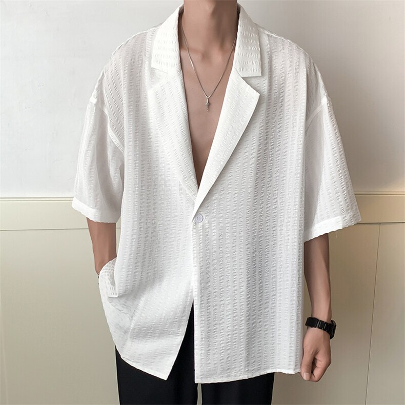 现货-潮牌冰丝凉感条纹短袖衬衫男夏宽松五分袖衬衣-AC23067-P65,男装衬衫,电商A351