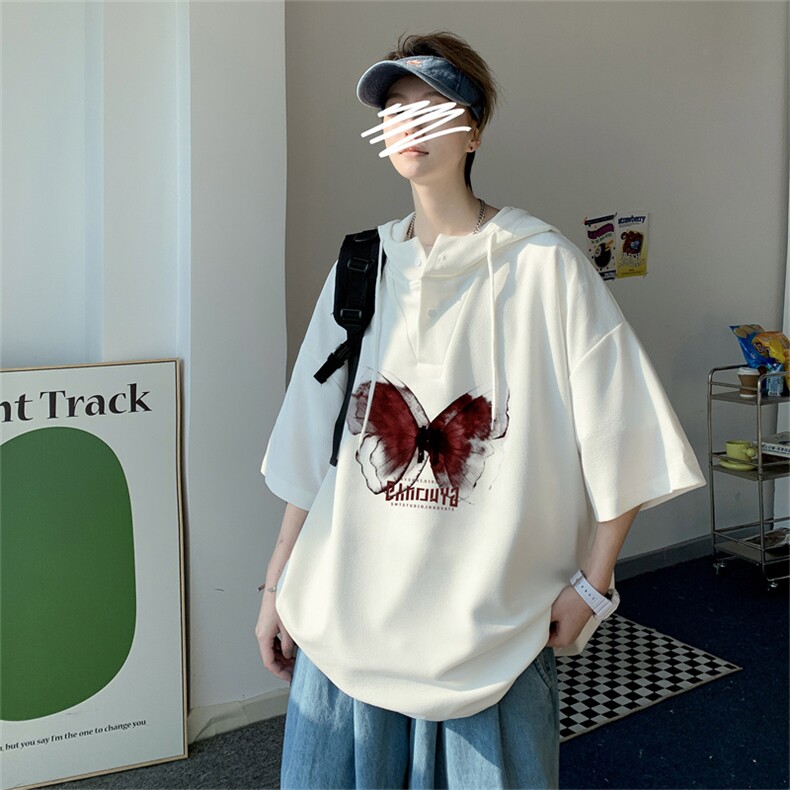 夏季港风冰丝宽松连帽短袖t恤五分体恤上衣TLM426-P40控58,男装T恤,电商B370