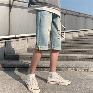 七分牛仔裤男潮牌夏季港风破洞短裤子男韩版潮流宽松直筒HT93图片