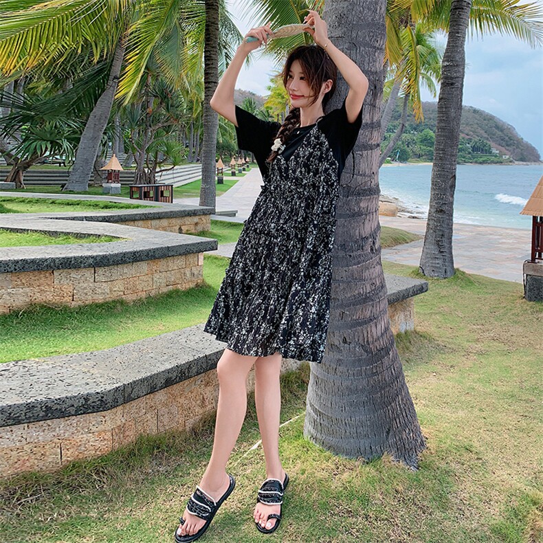 新款现货主推假二件碎花连衣裙9835-P115-K168,女装连衣裙,2C129