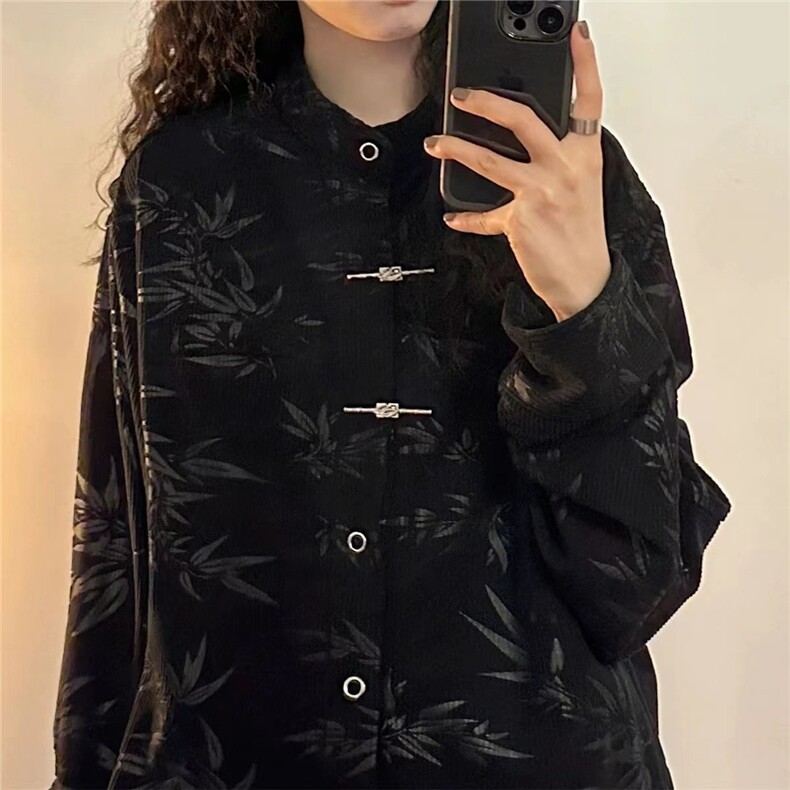 港风春秋款男女立领衬衫风竹刺绣金属扣长袖衬衣cs1021P55,男装衬衫,星座1013-1