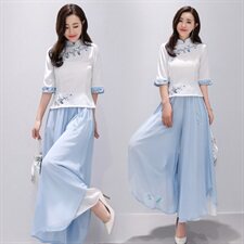 民族风女套装2024夏季新款复古中国风刺绣改良旗袍汉服裙裤两件套，女装套装/套裙，芷墨服饰