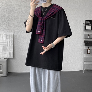 8XL-M 潮情侣美式拼接打结格子假两件短袖宽松纯棉T恤男 DX338图片