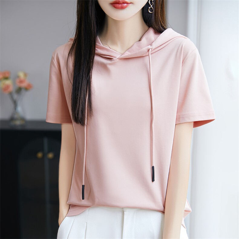 夏季新款简约纯棉帽衫短袖女宽松百搭显瘦时尚休闲上衣,女装T恤,羊秋羊绒