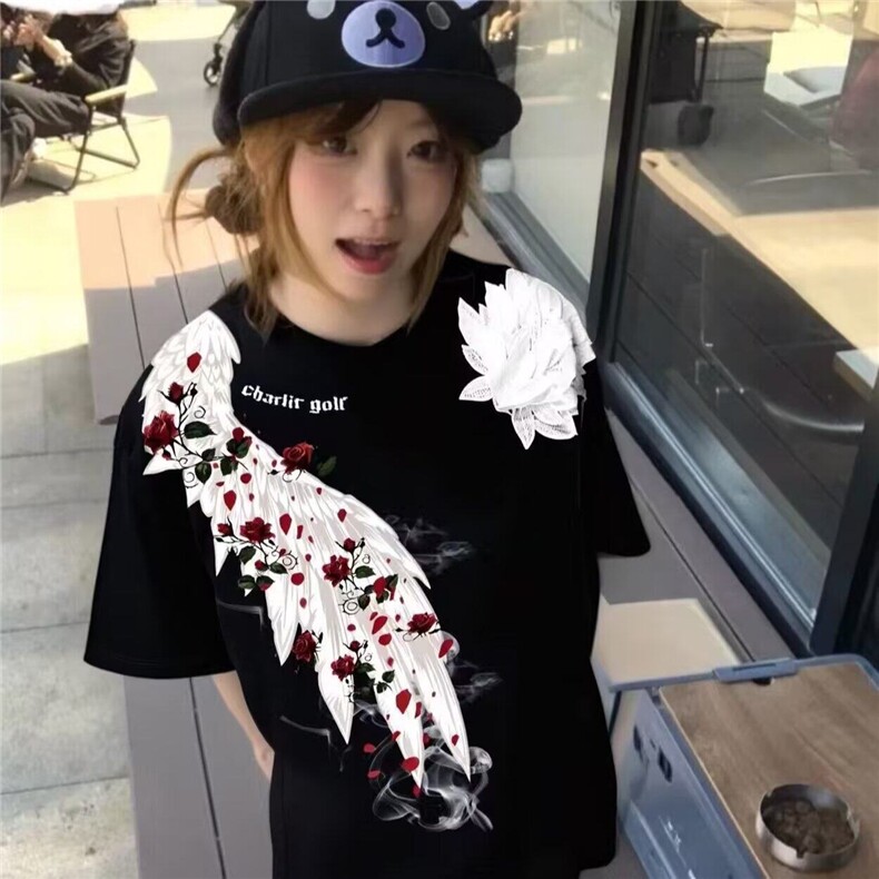 网图现货潮花卉印花羽翼翅膀短袖T恤男女T1447P25,男装T恤,星座205-3