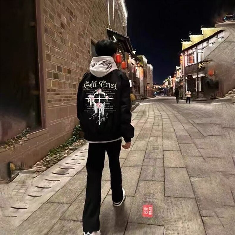 潮牌同款黑色潮复古美式玫瑰印花飞行员夹克高街秋冬季薄款外套,男装夹克,星座506A