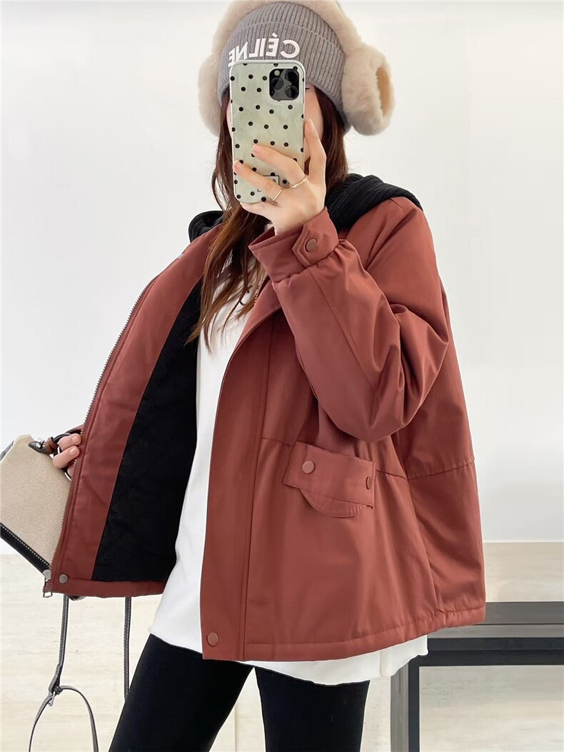 冬季加绒派克服棉衣女2025新款小个子针织连帽休闲工装棉衣外套,女装棉衣/棉服,江忆布依