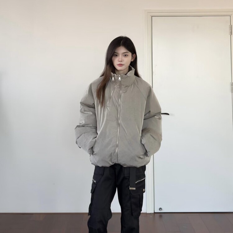 日系复古廓形立领棉服男潮流休闲宽松纯色面包服棉衣外套,男装棉衣,星座218-8
