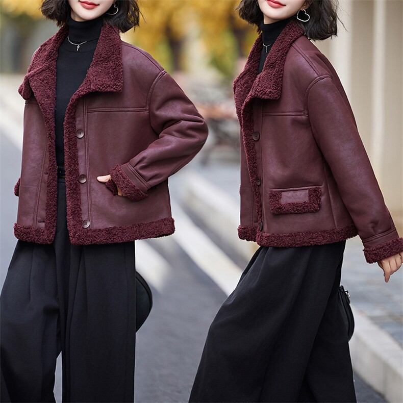 现货皮毛一体羊羔毛外套女短款2024秋冬新款加绒加厚外套，女装羊羔毛/颗粒绒，美拉德工厂直营店