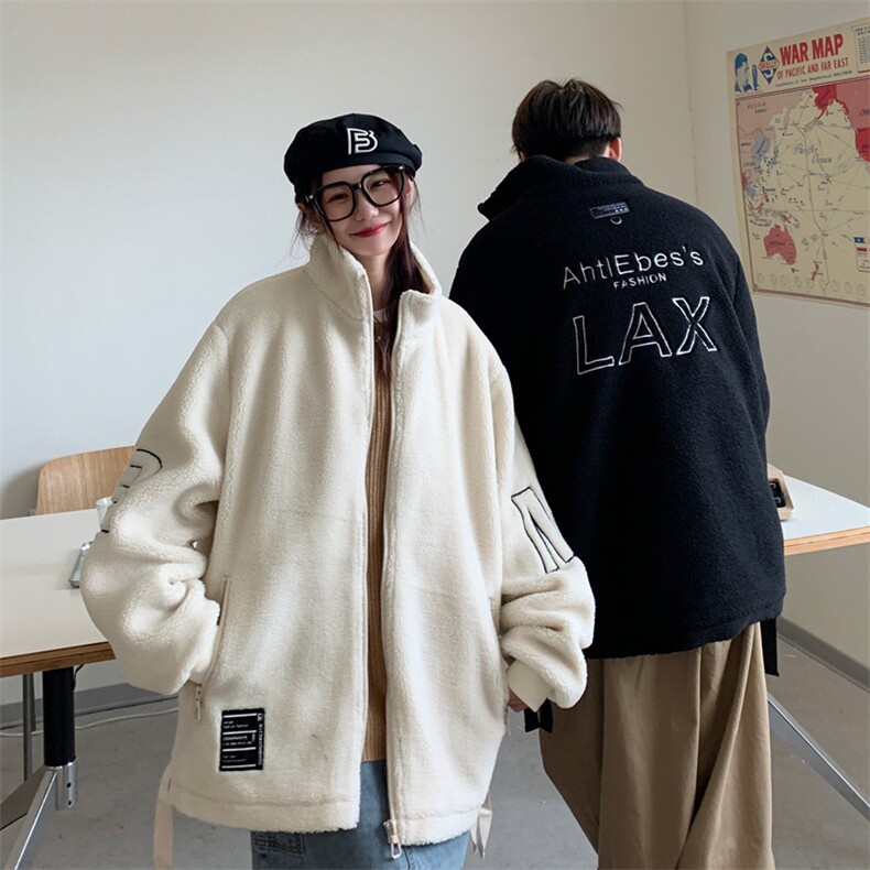 情侣冬季新款夹克潮牌ins羊羔绒宽松大码加绒加厚休闲上衣外套,男装棉衣,电商A409-1