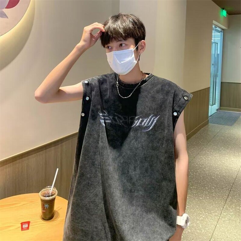 美式重磅洗水做旧可拆卸袖子设计感小众短袖t恤宽松背心无袖男女,男装背心/马甲,星座410-7