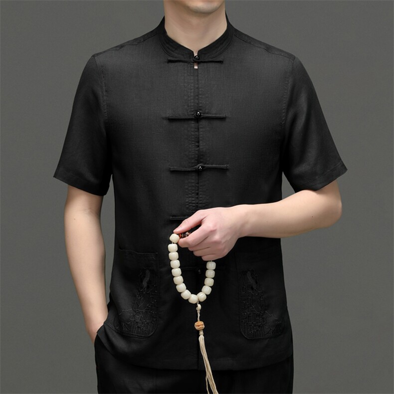 唐装男士中老年爸爸装夏装短袖套装风绸老人爷爷装图片