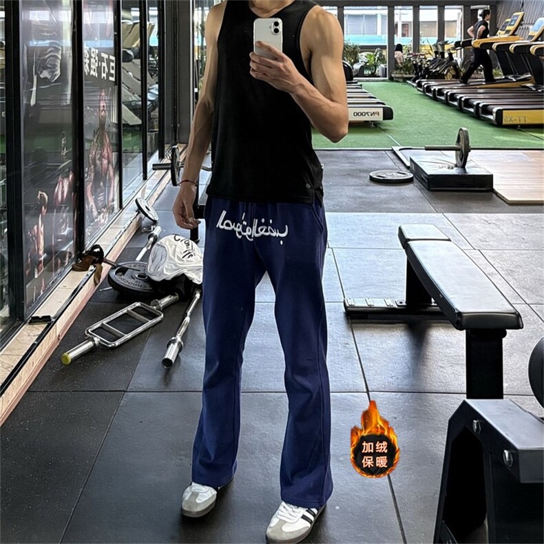 阿拉伯文刺绣弯刀卫裤男秋冬款微喇显瘦运动长裤美式休闲直筒裤子图片