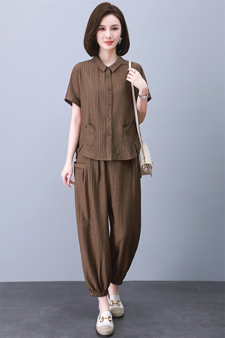 2025夏季新款时尚休闲薄款中年妈妈亚麻两件套洋气减龄棉麻套装女,女装套装/套裙,雪樱依海