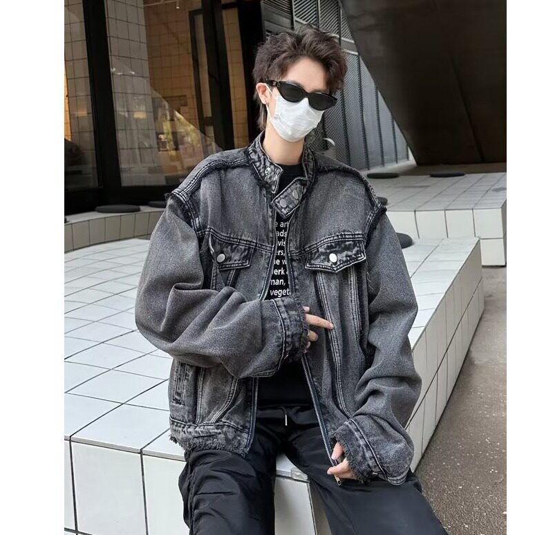 小众灰色短款牛仔外套男潮复古水洗做旧宽松垫肩夹克AAM8854P75,男装工装外套,星座1013-5
