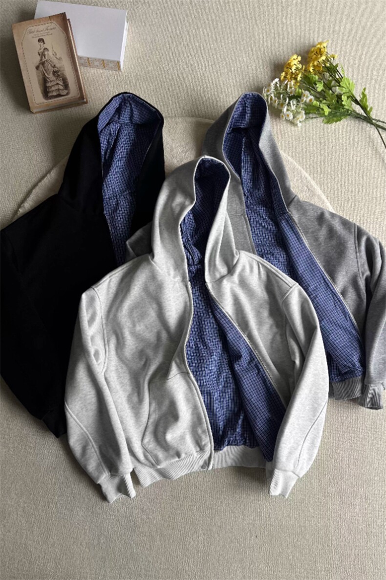 双面穿miu系皇家蓝格纹拉链卫衣休闲开衫外套WY973P75,女装短外套,星座908-1