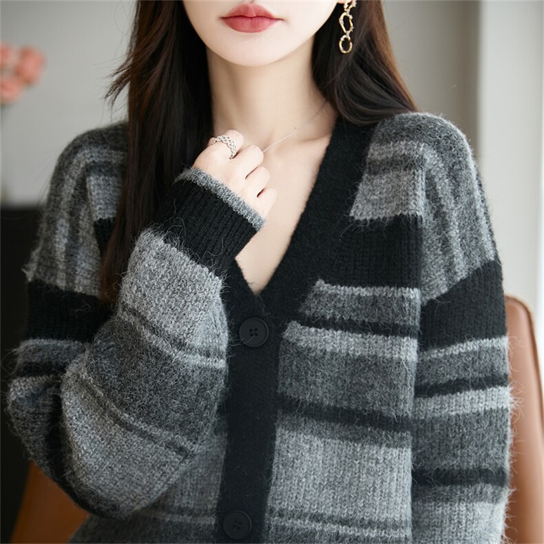 法式撞色复古条纹针织开衫女25新款加厚保暖外套毛衣巨好看上衣潮,针织衫/毛衣,郡淞羊绒
