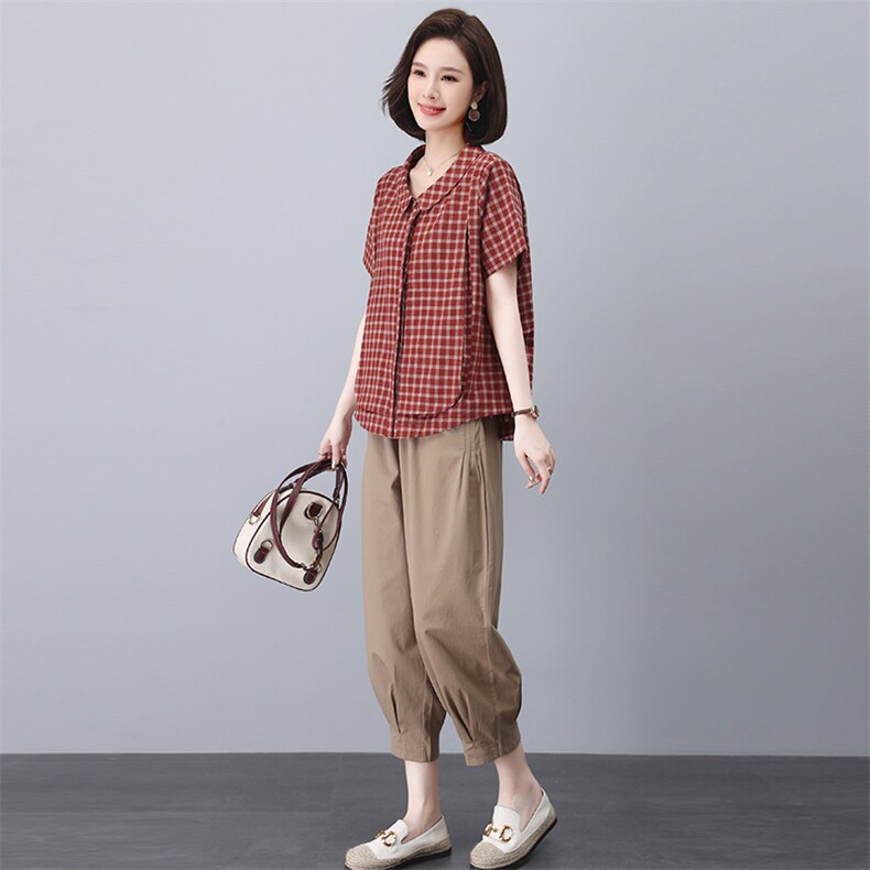 纯棉短袖衬衫女2025夏季新款中年妈妈装格子休闲宽松翻领洋气上衣，女装套装/套裙，忆绮罗