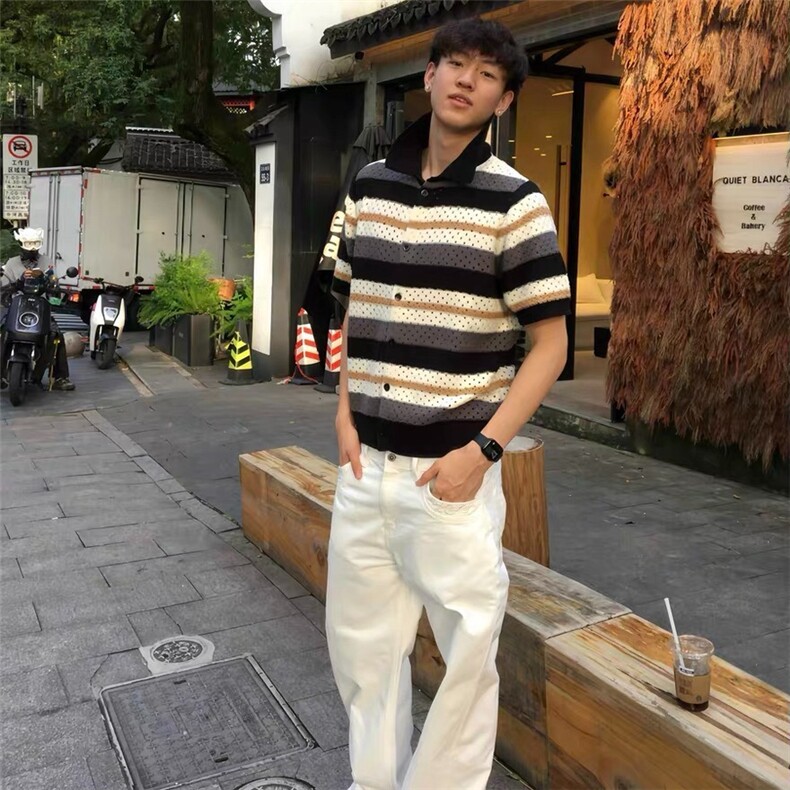 套头2025新款镂空条纹Polo针织短袖开衫男夏季新贵老钱风正肩上衣,男装针织衫/毛衣,星座1210-1