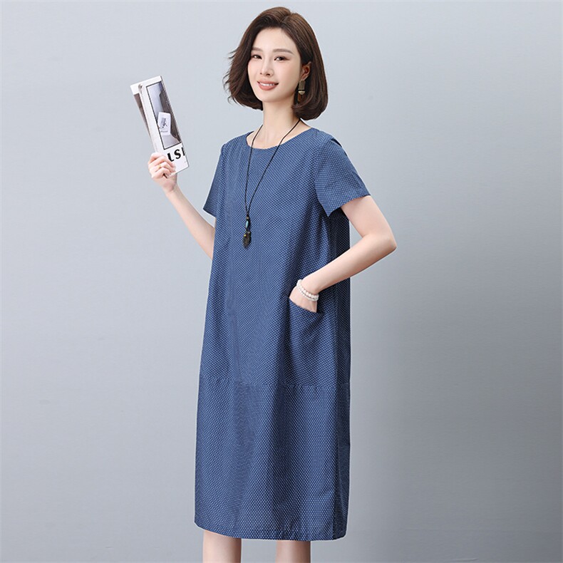圆点连衣裙女2024新款夏季宽松全棉直筒裙显瘦妈妈遮肚子休闲裙子,女装连衣裙,依恋蒂丝