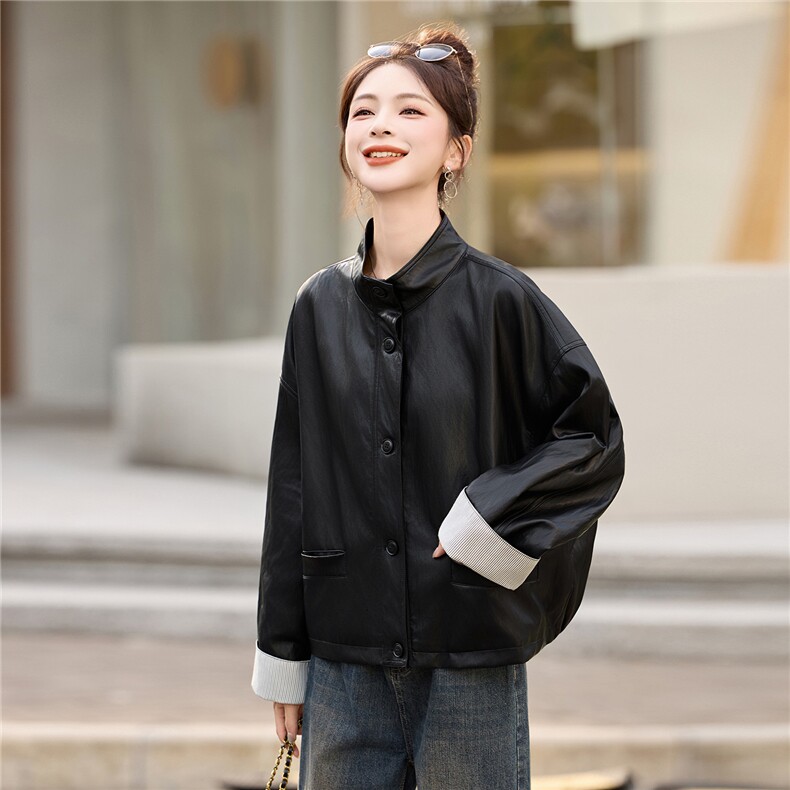 复古立领宽松皮衣外套女2025秋冬季新款休闲百搭显瘦pu皮夹克上衣,女装皮衣,牡丹诺