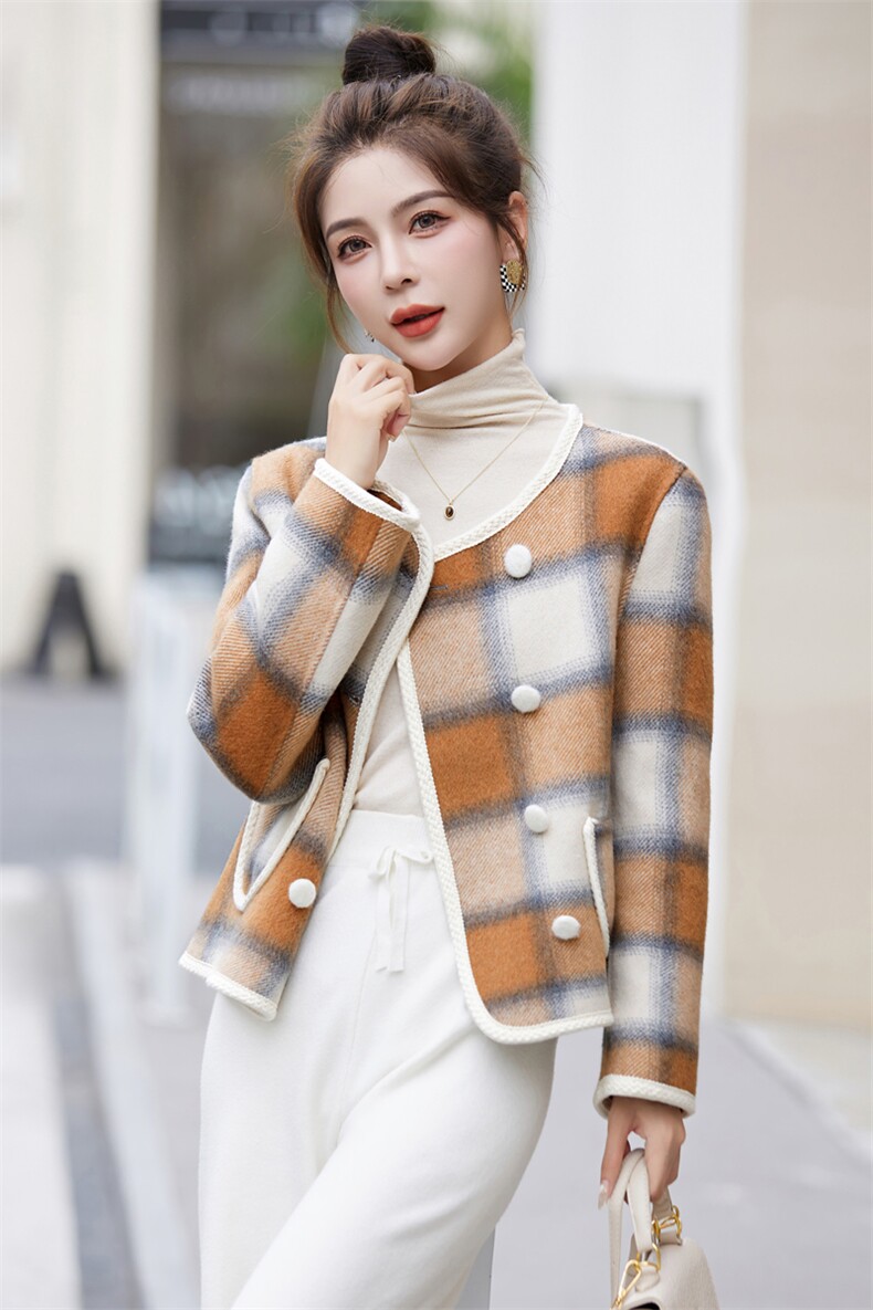 2023冬季新款格子小香风双面羊毛外套,女装双面呢大衣,乐吉娜