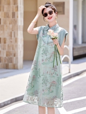 复古刺绣中式短袖连衣裙女2026夏季新款气质时尚百搭上衣，女装连衣裙，采品优优