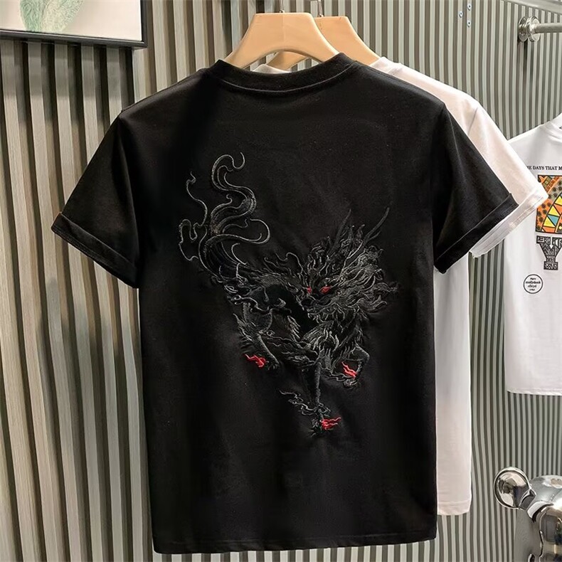 欧货潮牌潮重工麒麟刺绣高级感轻奢男T恤短袖网红半袖体恤,男装T恤,电商B212（原钱塘6029）