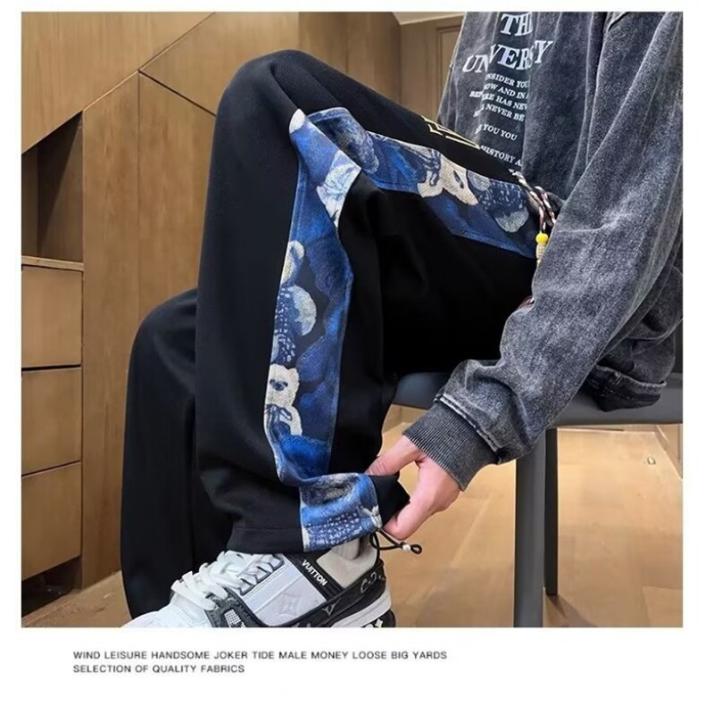 新中式风小熊裤子男款秋季潮牌宽松大码直筒休闲长裤潮K870/P45,男装休闲裤,星座506