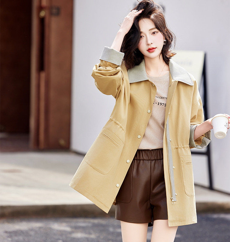 2025春装新款时尚潮流百搭长袖中长款风衣撞色拼接翻领抽绳外套女，女装风衣，姿萝菲