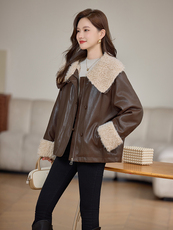 2025冬装新款简约时尚大翻领加绒皮衣外套羊羔毛，女装羊羔毛/颗粒绒，依万里