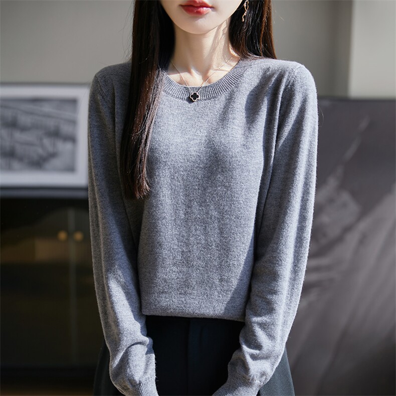 精纺丝光2025早春新款圆领纯羊毛衫亲肤毛衣女薄针织小衫秋冬上衣,女装羊毛衫,朝思羊绒