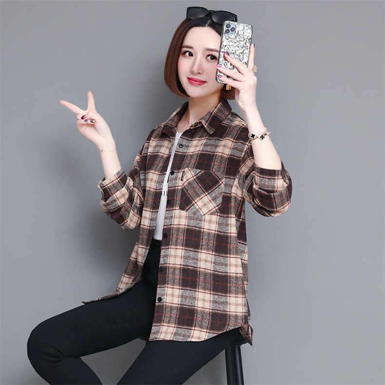 纯棉格子衬衣女款2025新款爆款春秋中老年女士衬衫长袖上衣,女装衬衫,姿萝菲