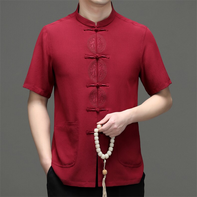 风男装练功服刺绣唐装中老年人爸爸夏季短袖爷爷冰丝太极服男,男装民族服装,电商B212（原钱塘6029）