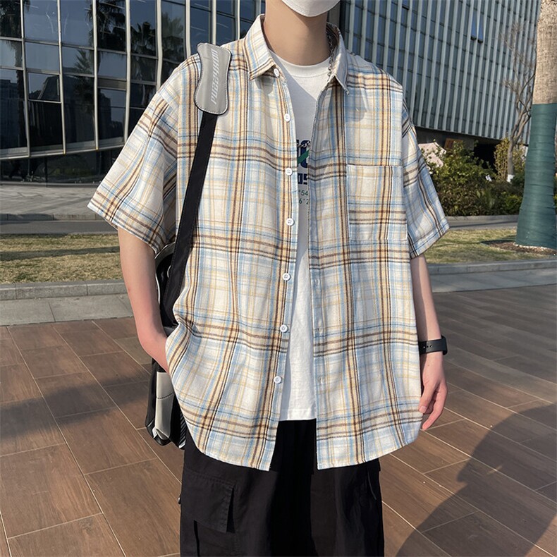 小香风格子衬衫翻领男大皂大码宽松痞帅外套格子衬衣A012/955TP26,男装衬衫,电商A012