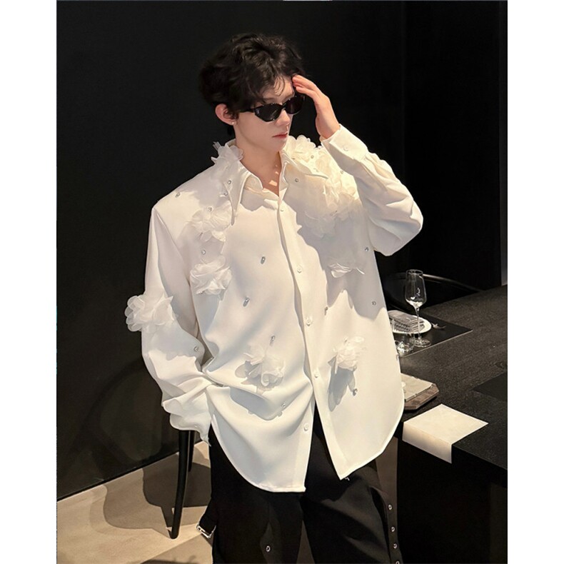25长袖衬衫小众男设计立体花朵水钻翻领舞台演出衬衫CS222-P88,男装衬衫,电商B288