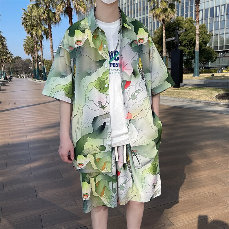 热带植物沙滩套装宽松花衬衫男短袖痞帅休闲两件套衣35裤23/TP58,男装衬衫,电商A012