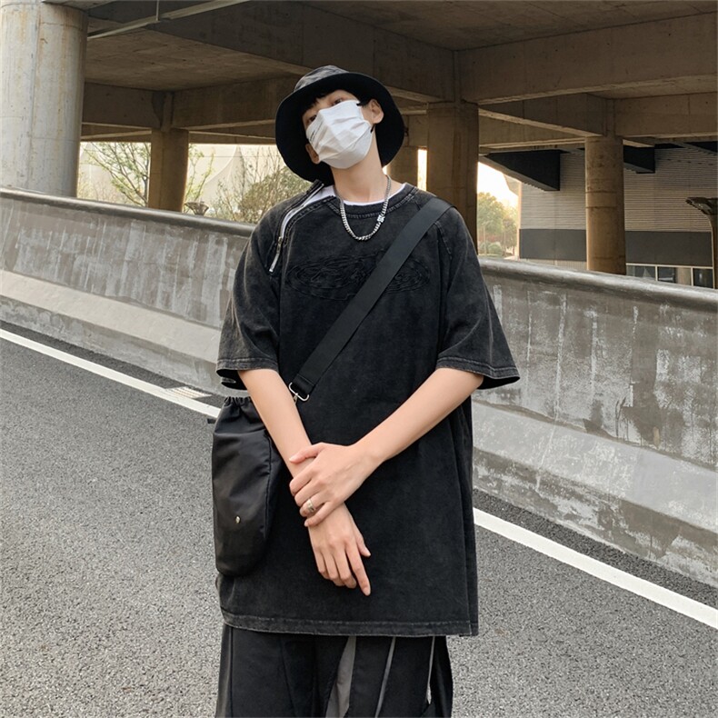 T024-P42美式280克纯棉水洗做旧拉链刺绣五分袖,男装T恤,星座1501-1