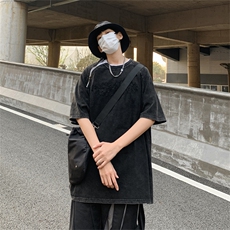 T024-P42美式280克纯棉水洗做旧拉链刺绣五分袖，男装T恤，星座1501-1