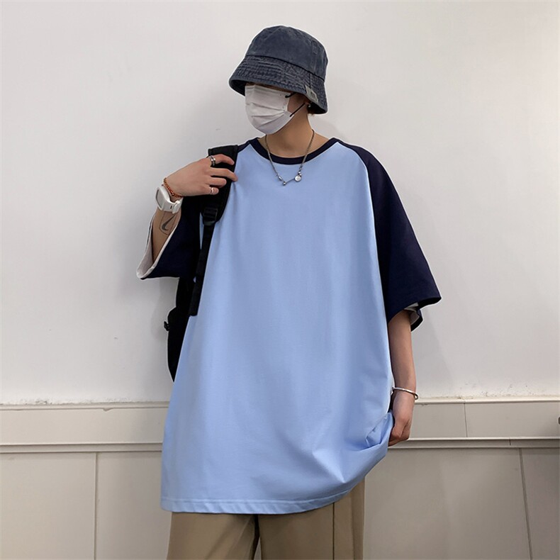 夏季主推拼接落肩港风大码宽松情侣休闲学生班服T恤圆领重磅260克,男装T恤,星座301D-4(原星座1004-4）