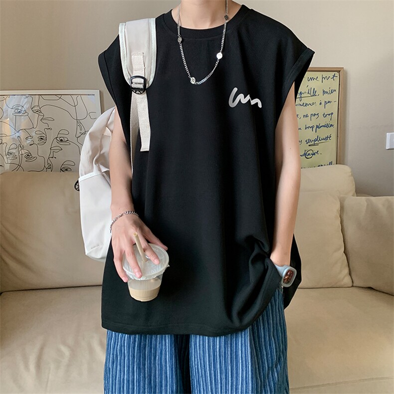 抖音供货、200克现货全棉印花背心宽松无袖T恤D223A-BX2302-P25，男装背心/马甲，电商019-1