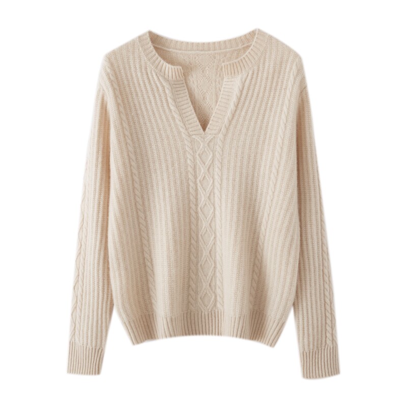 2025年秋季长袖时尚绞花V领羊绒毛衣，女装羊绒衫，米哆哆羊绒