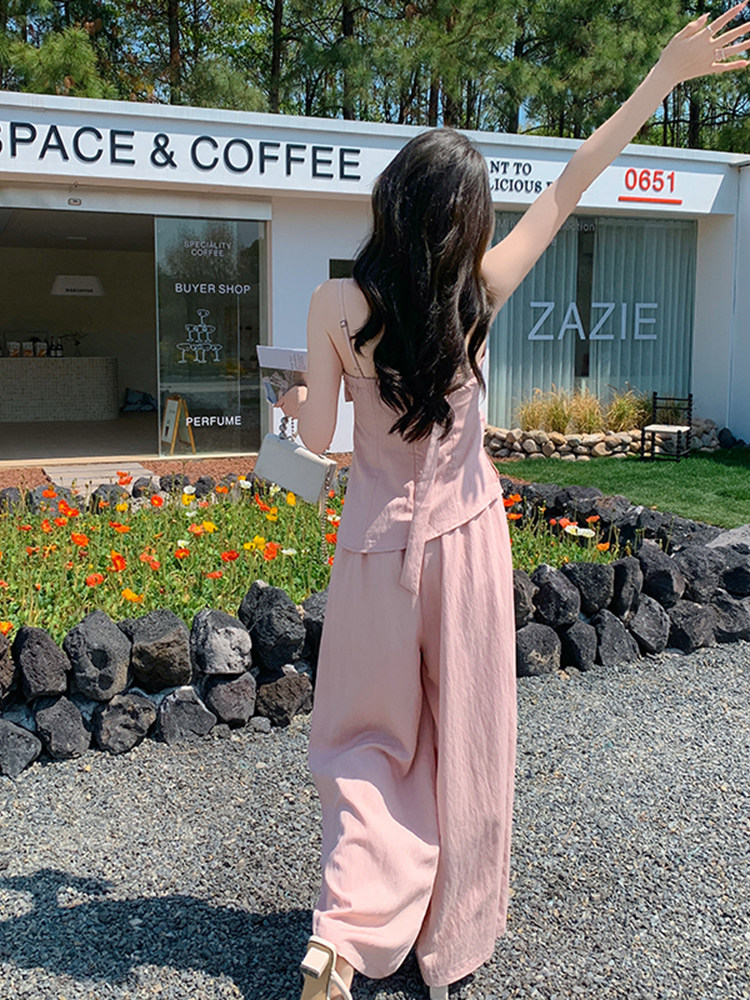 粉色法式简约甜美风吊带上衣套装女2025夏季新款高腰阔腿裤两件套,女装套装/套裙,浙宝220